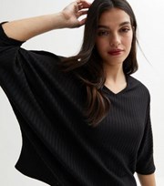 New Look Black Ribbed Fine Knit V Neck Batwing Top